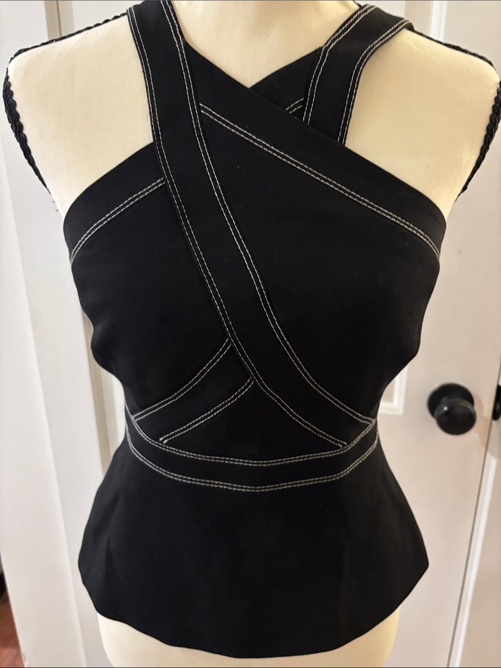 BCBGMaxAzria Black One-Shoulder Cross-Strap Dress with White Topstitch